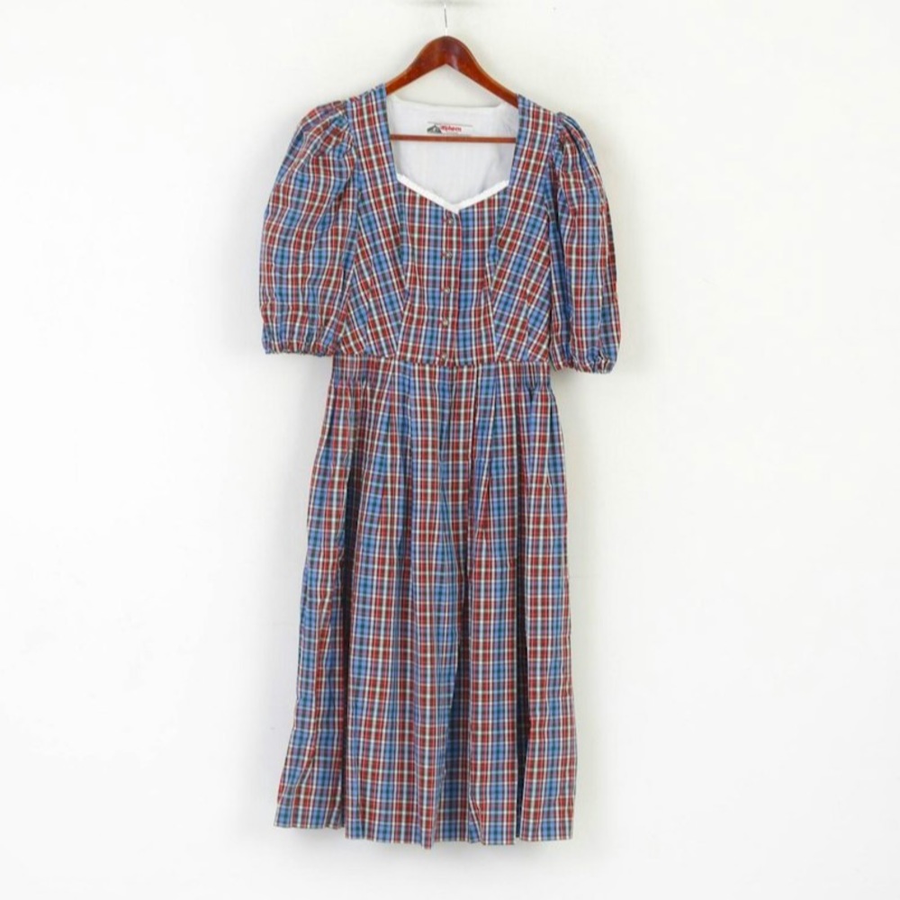 Traditional Alpine Midi Dress — Blue/Red Plaid Short Sleeve